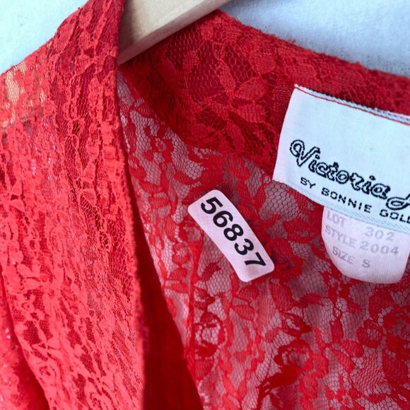 VICTORIA LANE BONNIE GOLDMAN Top S Sheer Lace Floral Button Up Long Sleeve Red - Picture 12 of 12